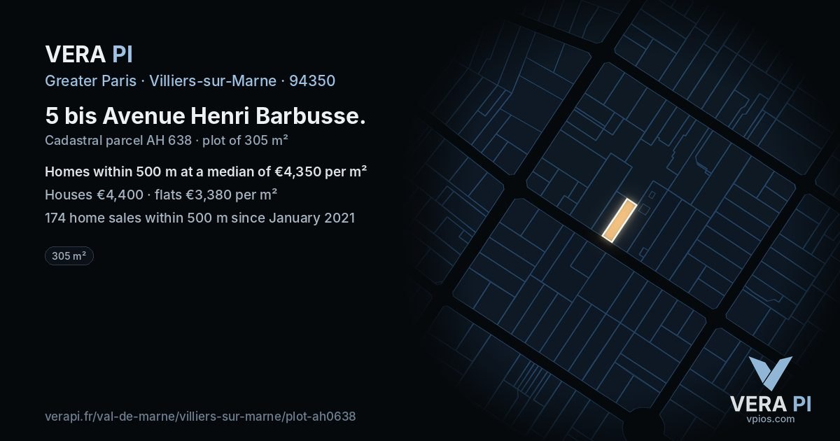 5 bis Avenue Henri Barbusse, Villiers-sur-Marne at night – the plot lit, the parcels around coloured by the prices near them