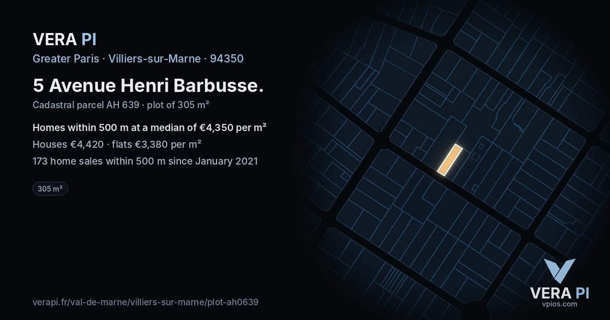 5 Avenue Henri Barbusse, Villiers-sur-Marne at night – the plot lit, the parcels around coloured by the prices near them