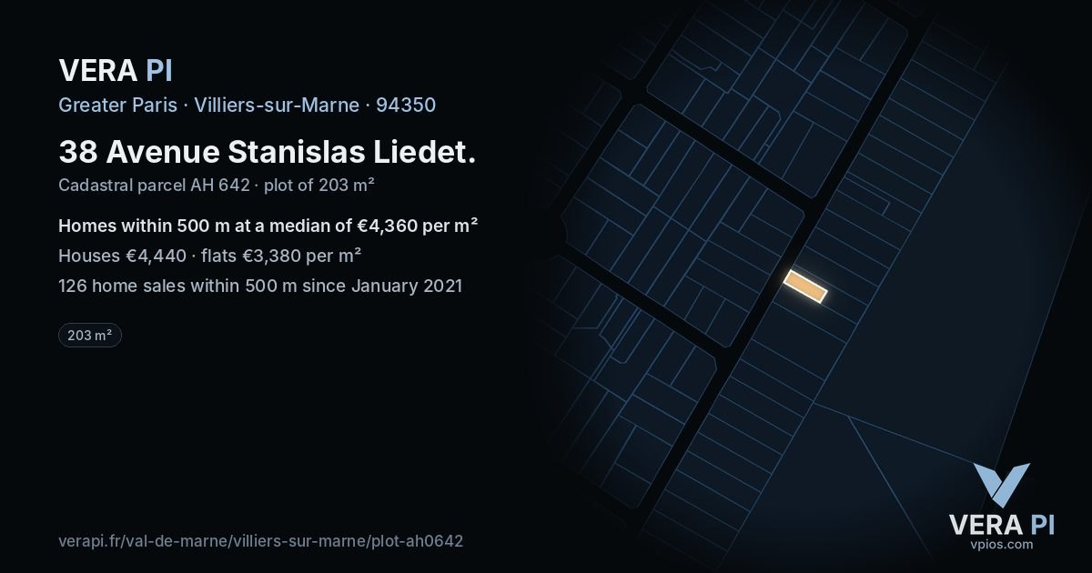 38 Avenue Stanislas Liedet, Villiers-sur-Marne at night – the plot lit, the parcels around coloured by the prices near them