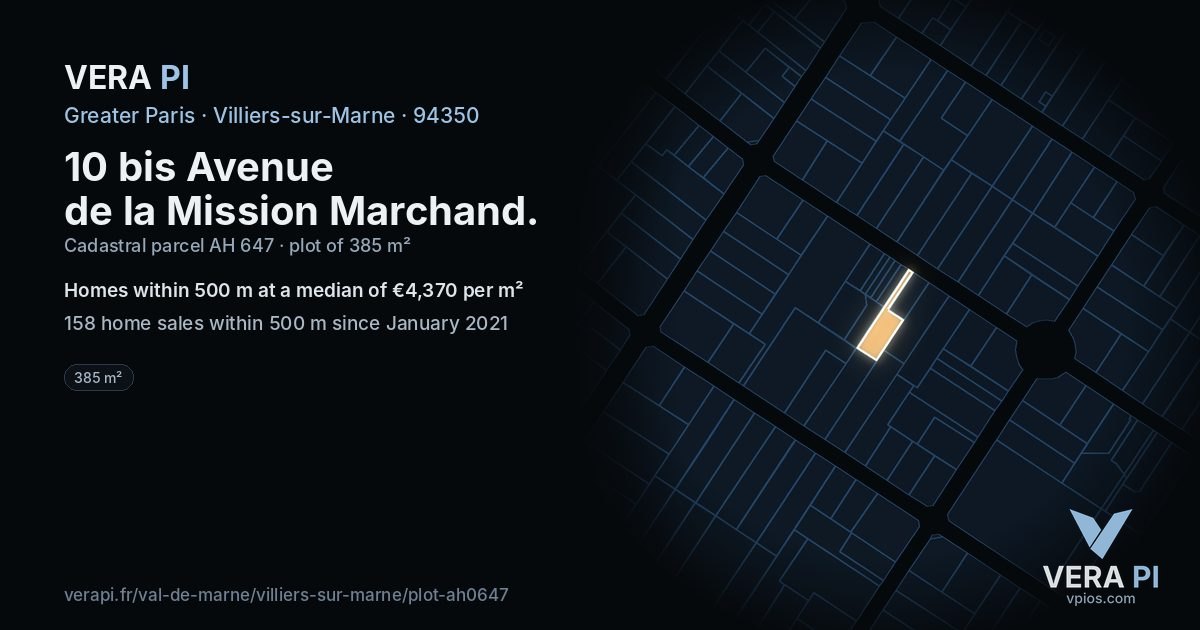10 bis Avenue de la Mission Marchand, Villiers-sur-Marne at night – the plot lit, the parcels around coloured by the prices near them
