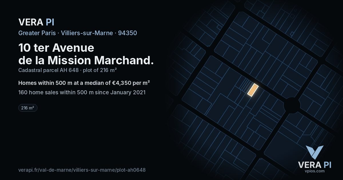 10 ter Avenue de la Mission Marchand, Villiers-sur-Marne at night – the plot lit, the parcels around coloured by the prices near them