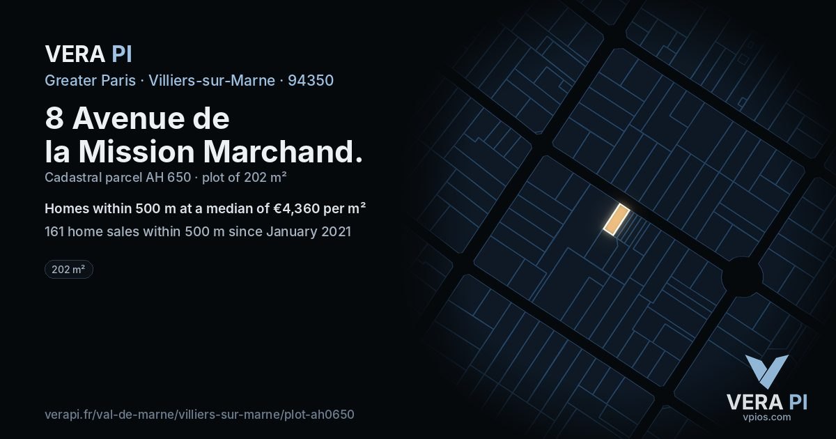 8 Avenue de la Mission Marchand, Villiers-sur-Marne at night – the plot lit, the parcels around coloured by the prices near them