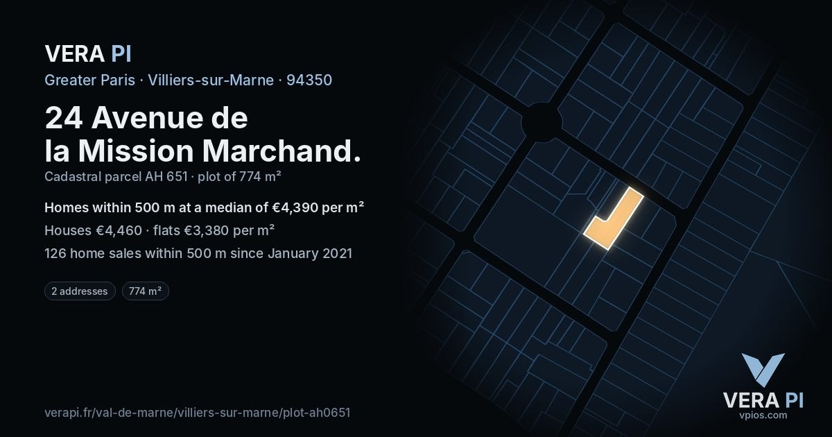 24 Avenue de la Mission Marchand, Villiers-sur-Marne at night – the plot lit, the parcels around coloured by the prices near them