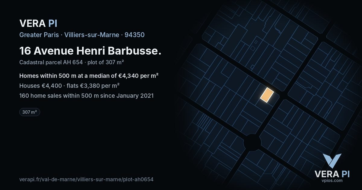 16 Avenue Henri Barbusse, Villiers-sur-Marne at night – the plot lit, the parcels around coloured by the prices near them