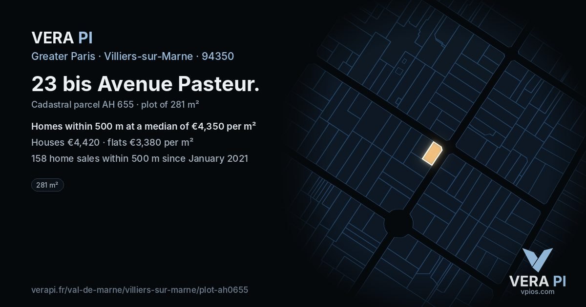 23 bis Avenue Pasteur, Villiers-sur-Marne at night – the plot lit, the parcels around coloured by the prices near them