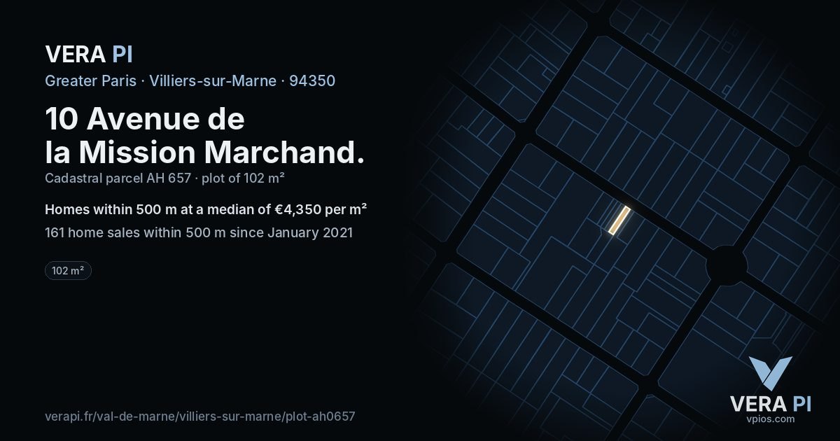 10 Avenue de la Mission Marchand, Villiers-sur-Marne at night – the plot lit, the parcels around coloured by the prices near them