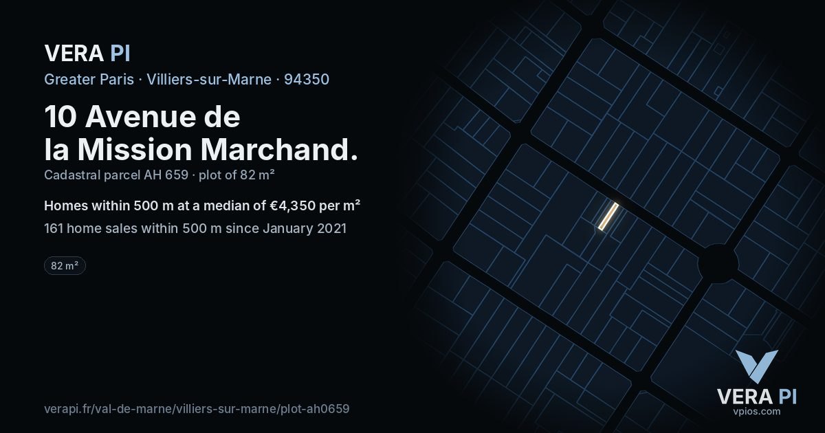 10 Avenue de la Mission Marchand, Villiers-sur-Marne at night – the plot lit, the parcels around coloured by the prices near them