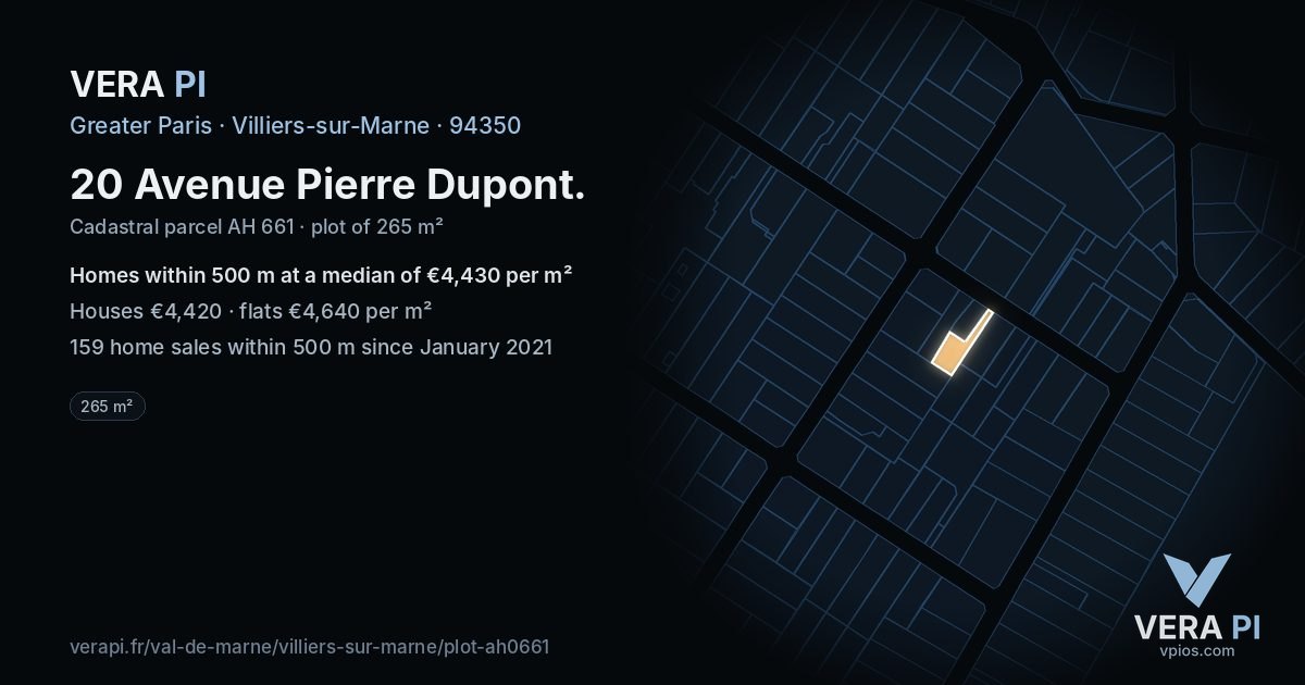 20 Avenue Pierre Dupont, Villiers-sur-Marne at night – the plot lit, the parcels around coloured by the prices near them