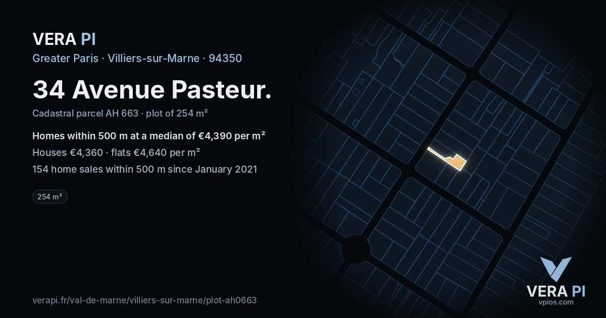 34 Avenue Pasteur, Villiers-sur-Marne at night – the plot lit, the parcels around coloured by the prices near them