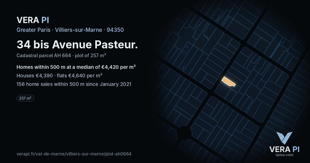 34 bis Avenue Pasteur, Villiers-sur-Marne at night – the plot lit, the parcels around coloured by the prices near them