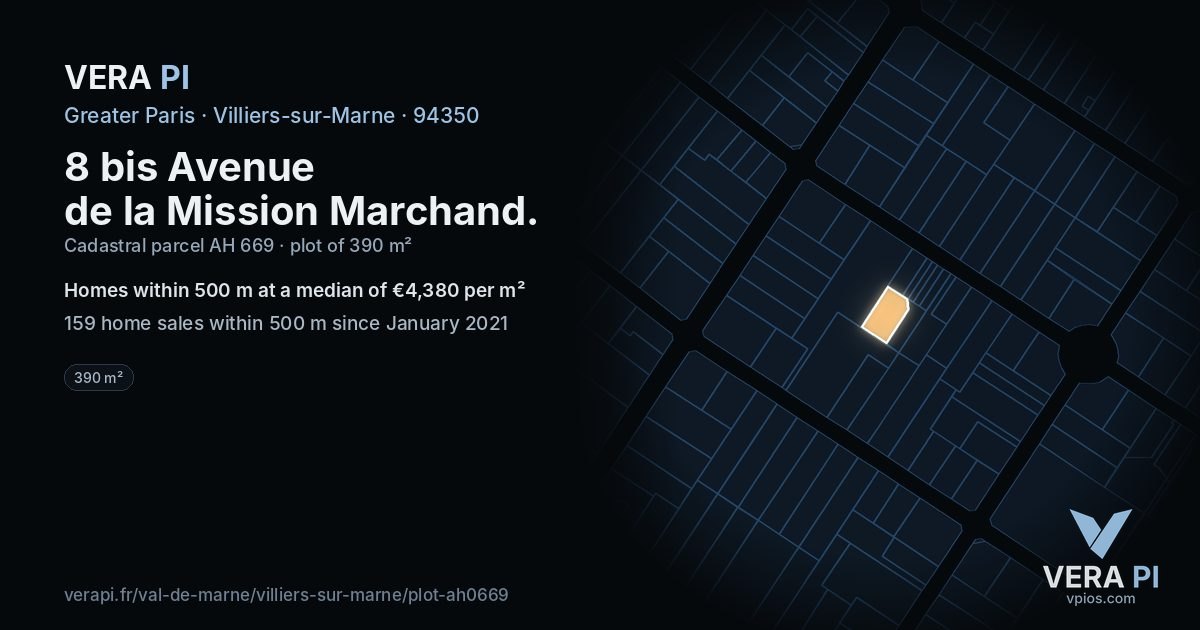 8 bis Avenue de la Mission Marchand, Villiers-sur-Marne at night – the plot lit, the parcels around coloured by the prices near them