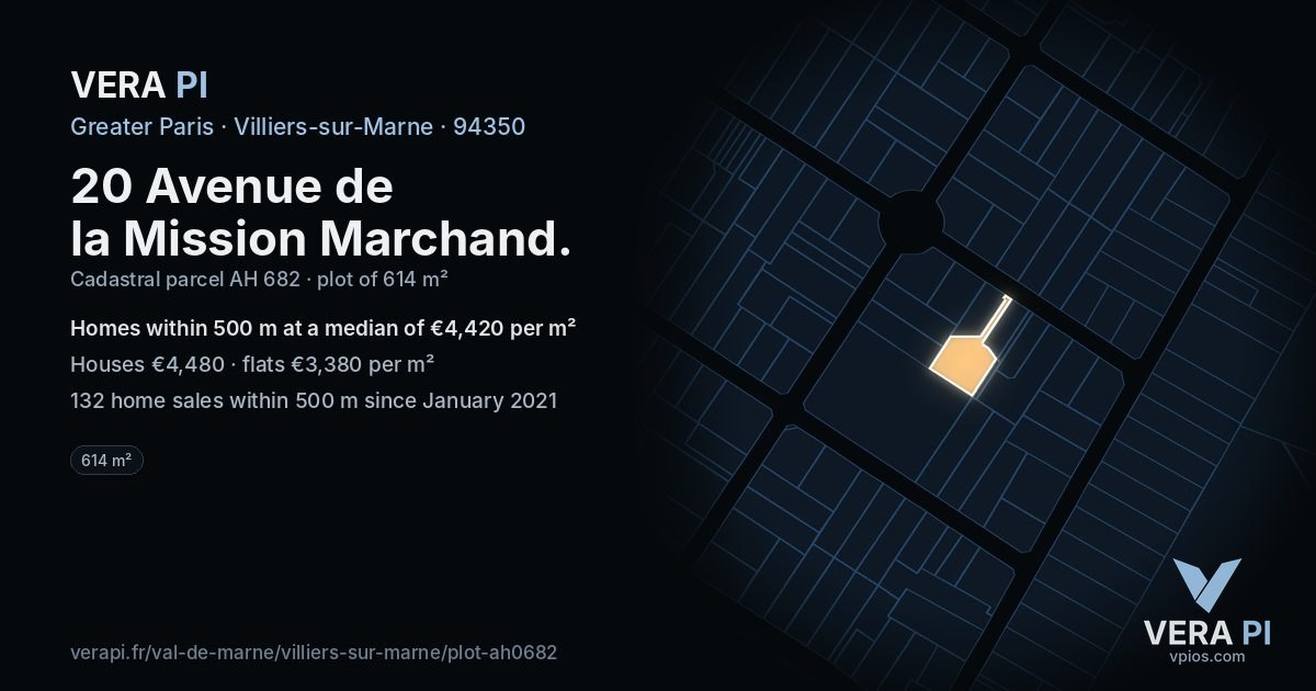 20 Avenue de la Mission Marchand, Villiers-sur-Marne at night – the plot lit, the parcels around coloured by the prices near them