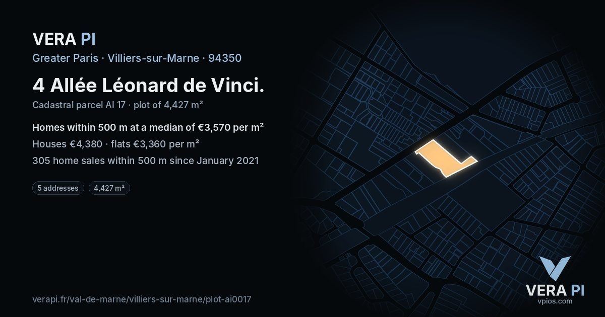 4 Allée Léonard de Vinci, Villiers-sur-Marne at night – the plot lit, the parcels around coloured by the prices near them