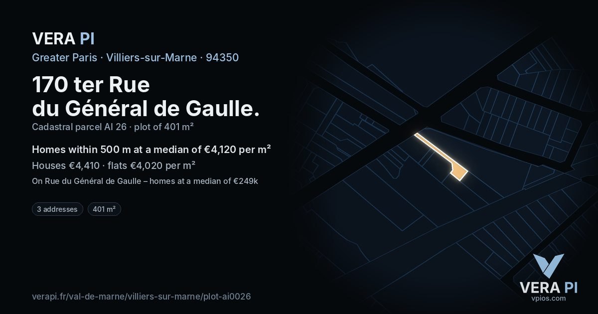 170 ter Rue du Général de Gaulle, Villiers-sur-Marne at night – the plot lit, the parcels around coloured by the prices near them