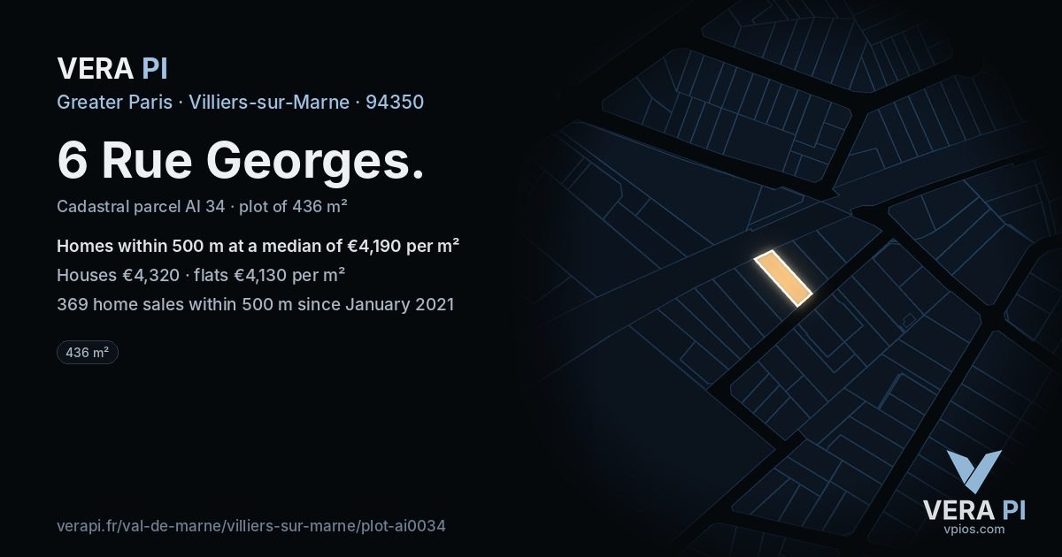6 Rue Georges, Villiers-sur-Marne at night – the plot lit, the parcels around coloured by the prices near them