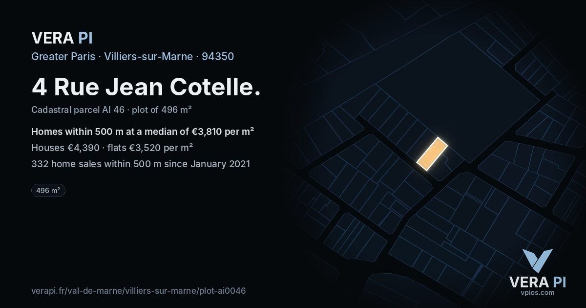 4 Rue Jean Cotelle, Villiers-sur-Marne at night – the plot lit, the parcels around coloured by the prices near them