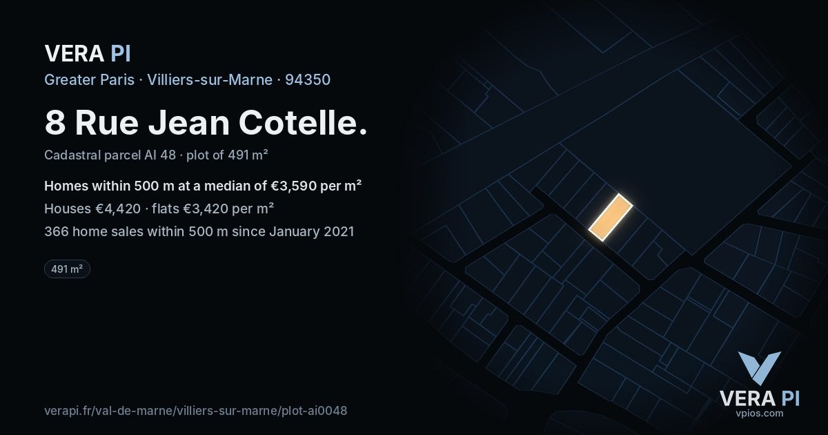 8 Rue Jean Cotelle, Villiers-sur-Marne at night – the plot lit, the parcels around coloured by the prices near them