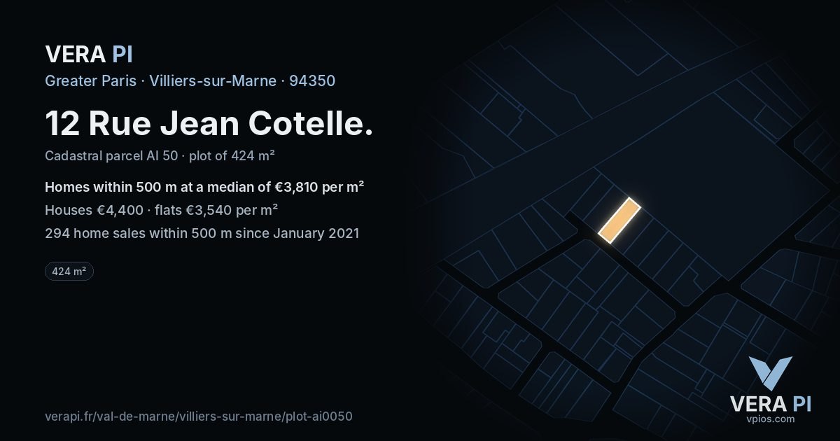 12 Rue Jean Cotelle, Villiers-sur-Marne at night – the plot lit, the parcels around coloured by the prices near them
