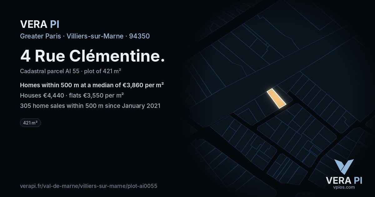 4 Rue Clémentine, Villiers-sur-Marne at night – the plot lit, the parcels around coloured by the prices near them