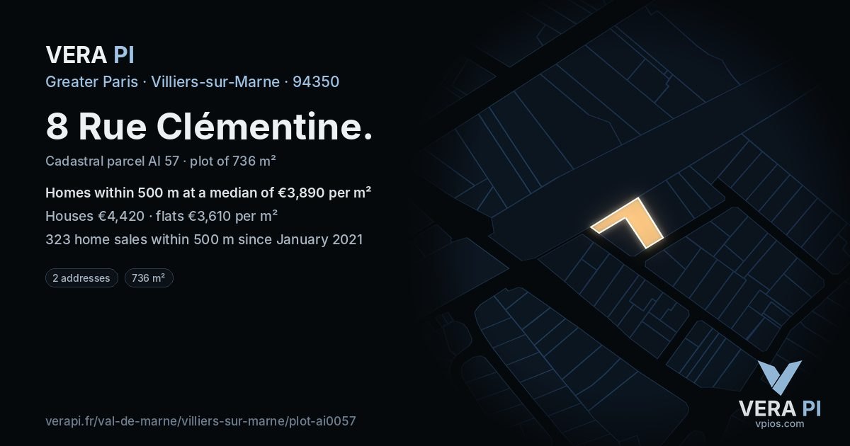 8 Rue Clémentine, Villiers-sur-Marne at night – the plot lit, the parcels around coloured by the prices near them