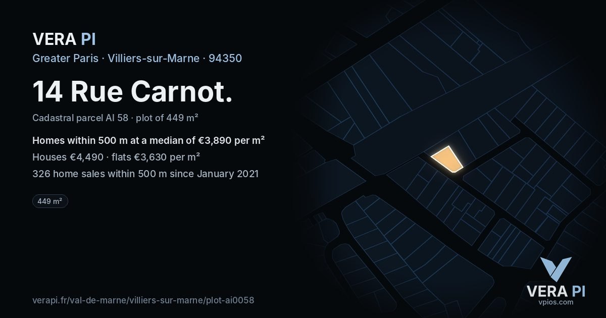 14 Rue Carnot, Villiers-sur-Marne at night – the plot lit, the parcels around coloured by the prices near them