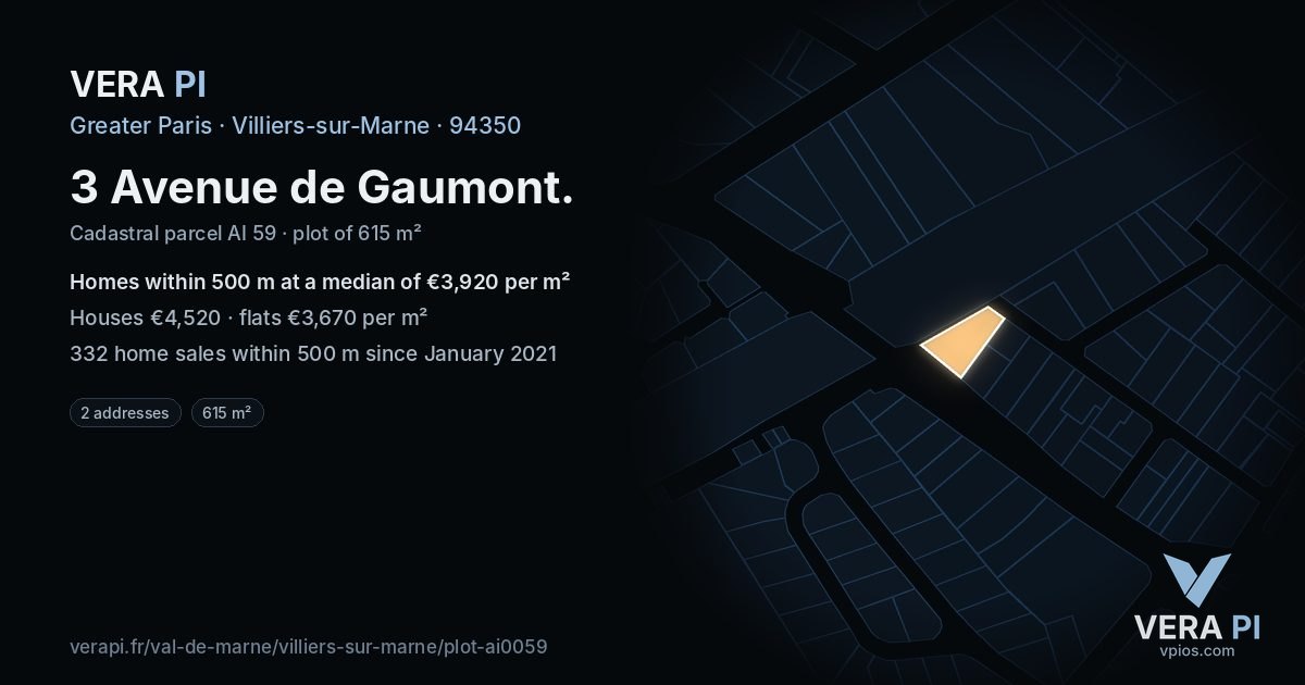 3 Avenue de Gaumont, Villiers-sur-Marne at night – the plot lit, the parcels around coloured by the prices near them