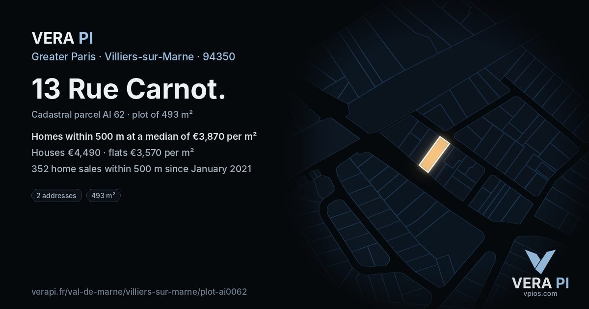 13 Rue Carnot, Villiers-sur-Marne at night – the plot lit, the parcels around coloured by the prices near them