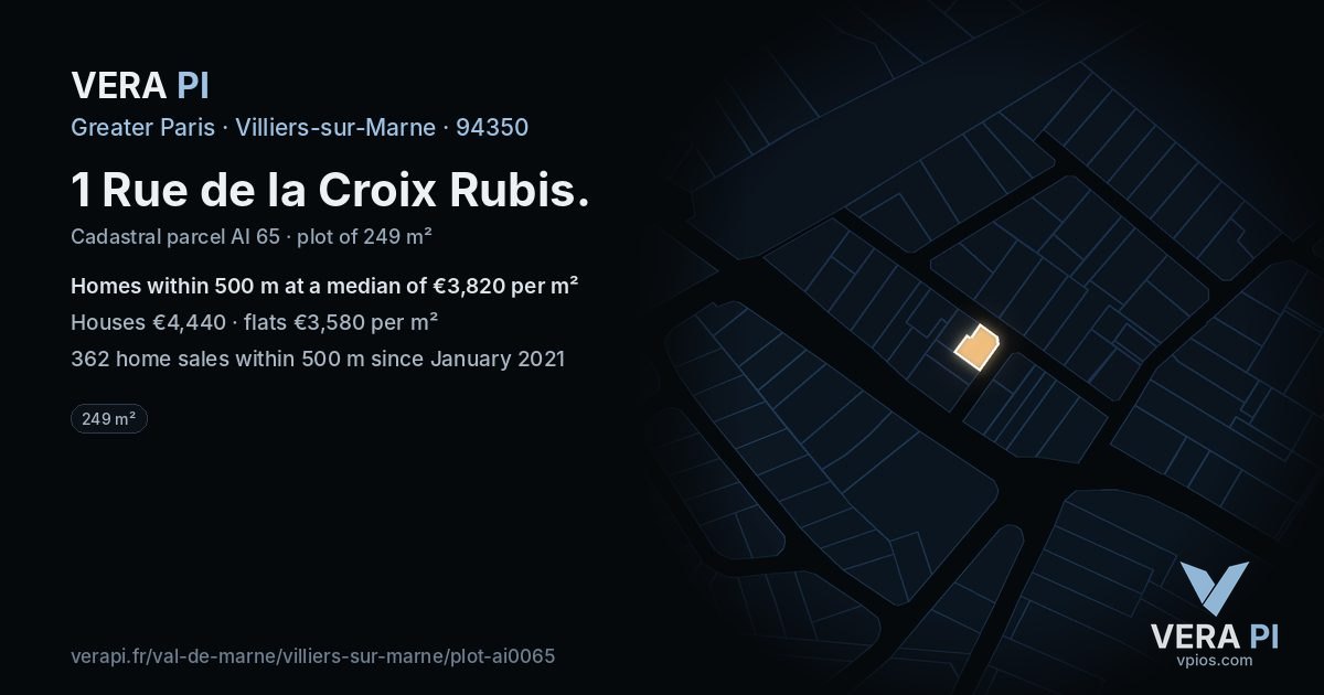 1 Rue de la Croix Rubis, Villiers-sur-Marne at night – the plot lit, the parcels around coloured by the prices near them