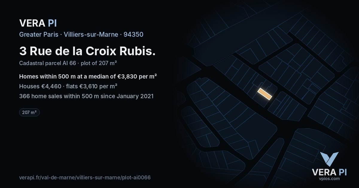 3 Rue de la Croix Rubis, Villiers-sur-Marne at night – the plot lit, the parcels around coloured by the prices near them