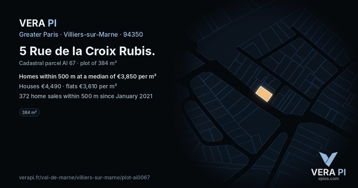 5 Rue de la Croix Rubis, Villiers-sur-Marne at night – the plot lit, the parcels around coloured by the prices near them