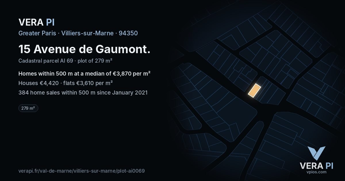 15 Avenue de Gaumont, Villiers-sur-Marne at night – the plot lit, the parcels around coloured by the prices near them