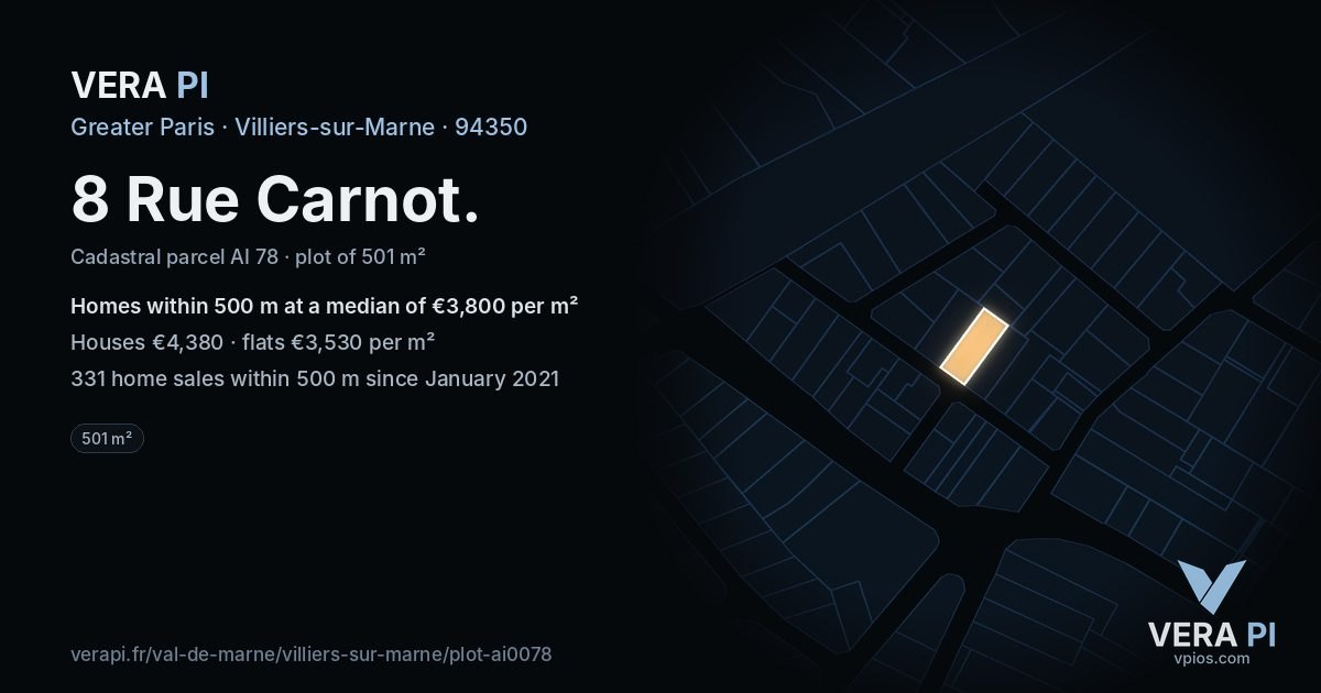 8 Rue Carnot, Villiers-sur-Marne at night – the plot lit, the parcels around coloured by the prices near them
