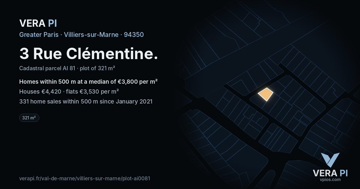 3 Rue Clémentine, Villiers-sur-Marne at night – the plot lit, the parcels around coloured by the prices near them