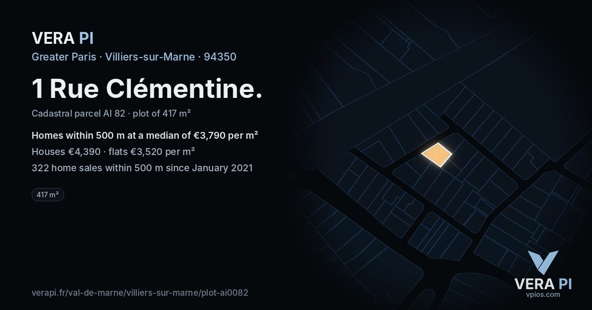 1 Rue Clémentine, Villiers-sur-Marne at night – the plot lit, the parcels around coloured by the prices near them