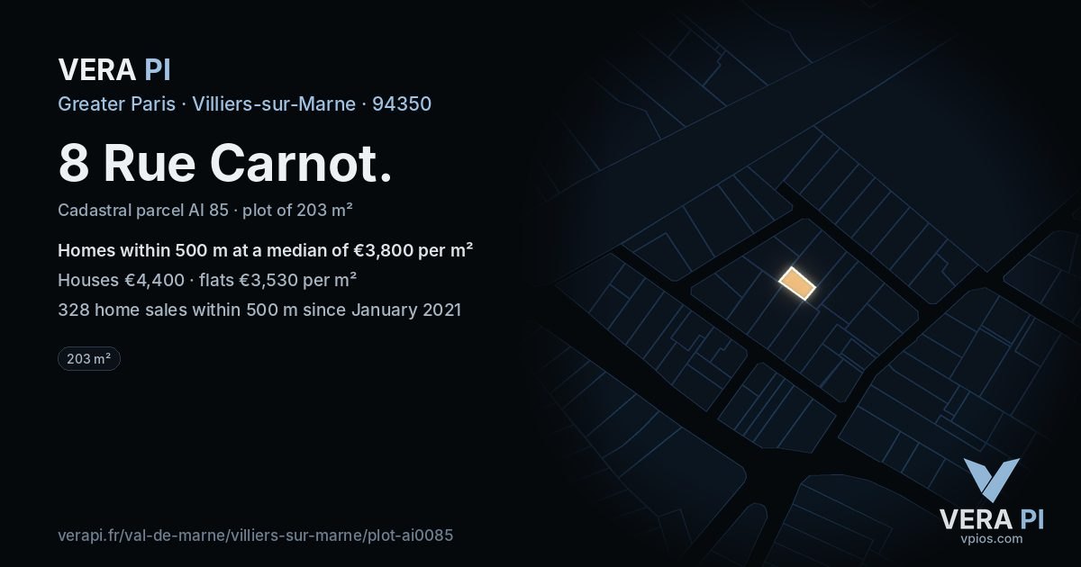 8 Rue Carnot, Villiers-sur-Marne at night – the plot lit, the parcels around coloured by the prices near them