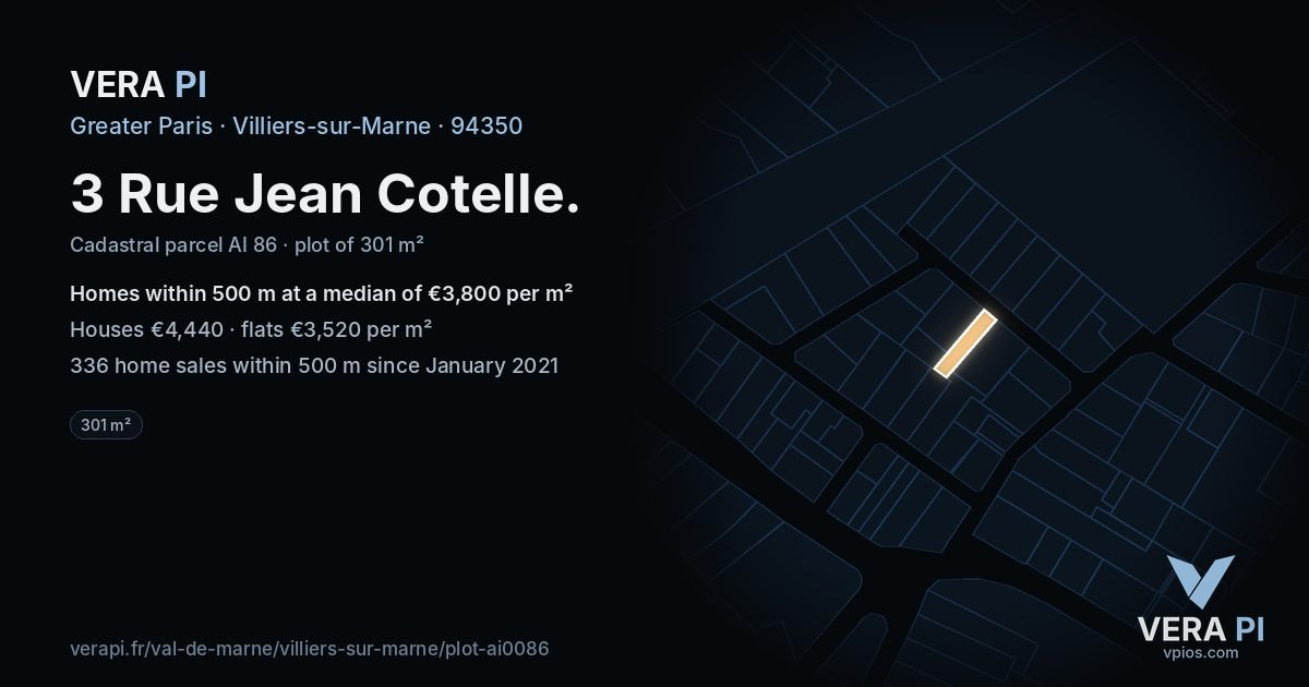 3 Rue Jean Cotelle, Villiers-sur-Marne at night – the plot lit, the parcels around coloured by the prices near them