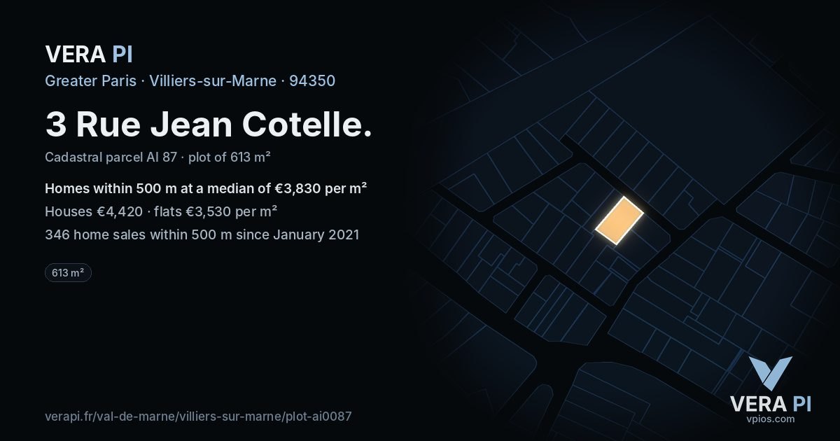 3 Rue Jean Cotelle, Villiers-sur-Marne at night – the plot lit, the parcels around coloured by the prices near them