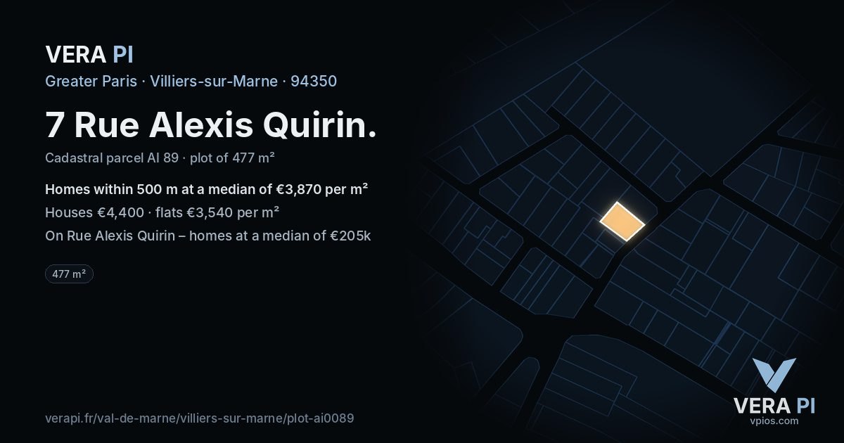 7 Rue Alexis Quirin, Villiers-sur-Marne at night – the plot lit, the parcels around coloured by the prices near them