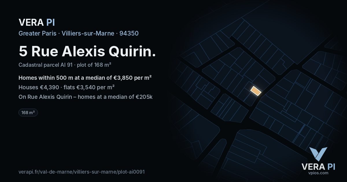 5 Rue Alexis Quirin, Villiers-sur-Marne at night – the plot lit, the parcels around coloured by the prices near them
