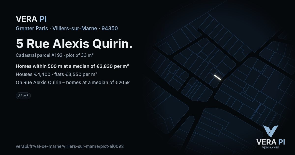 5 Rue Alexis Quirin, Villiers-sur-Marne at night – the plot lit, the parcels around coloured by the prices near them