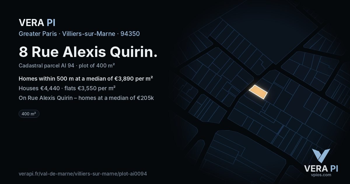 8 Rue Alexis Quirin, Villiers-sur-Marne at night – the plot lit, the parcels around coloured by the prices near them