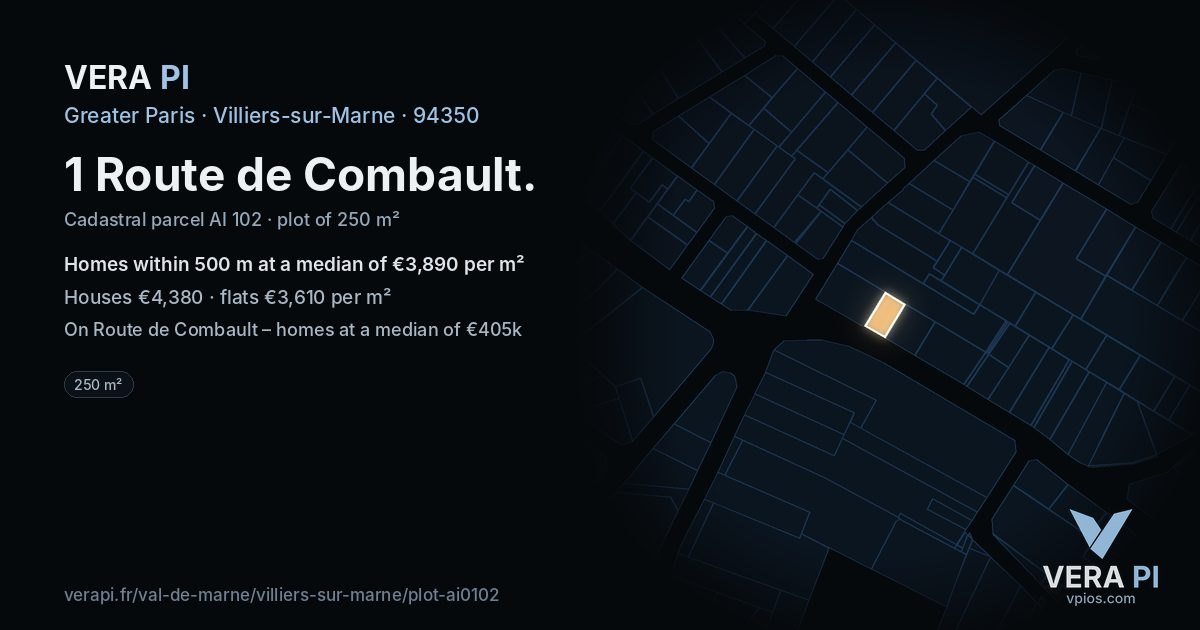 1 Route de Combault, Villiers-sur-Marne at night – the plot lit, the parcels around coloured by the prices near them