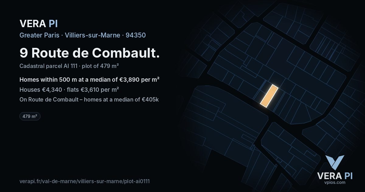 9 Route de Combault, Villiers-sur-Marne at night – the plot lit, the parcels around coloured by the prices near them