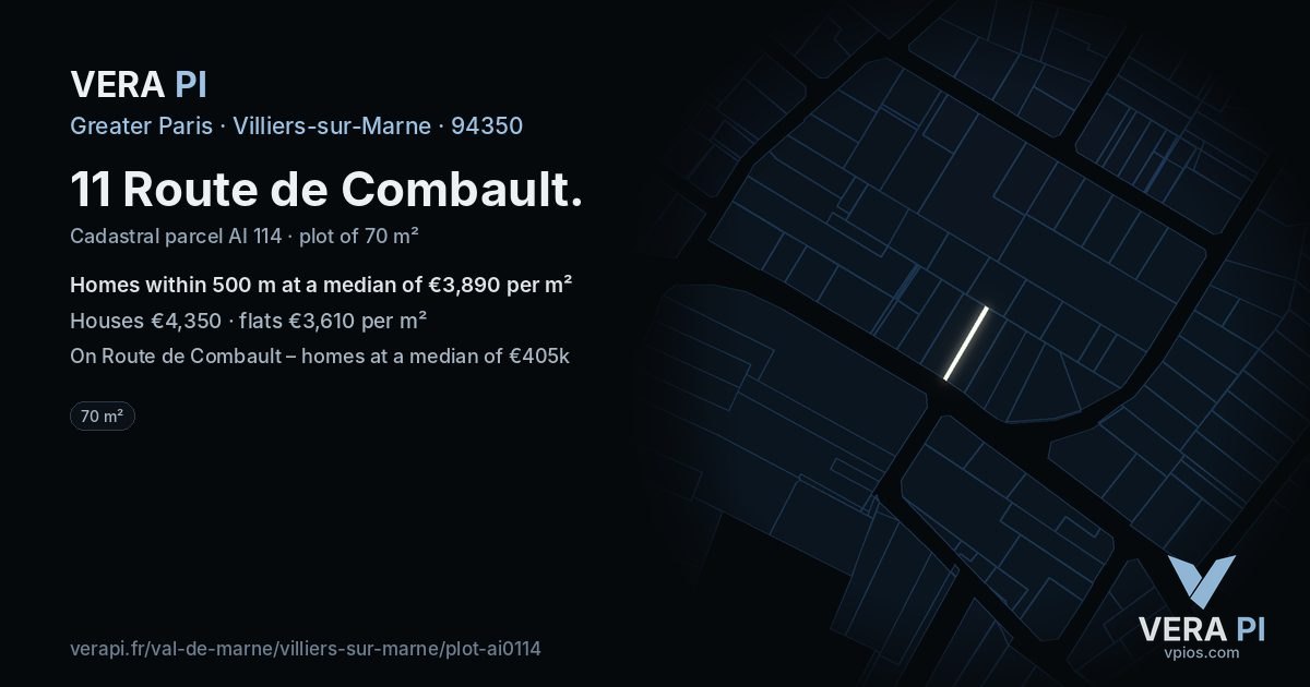 11 Route de Combault, Villiers-sur-Marne at night – the plot lit, the parcels around coloured by the prices near them