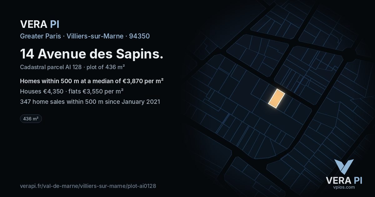 14 Avenue des Sapins, Villiers-sur-Marne at night – the plot lit, the parcels around coloured by the prices near them