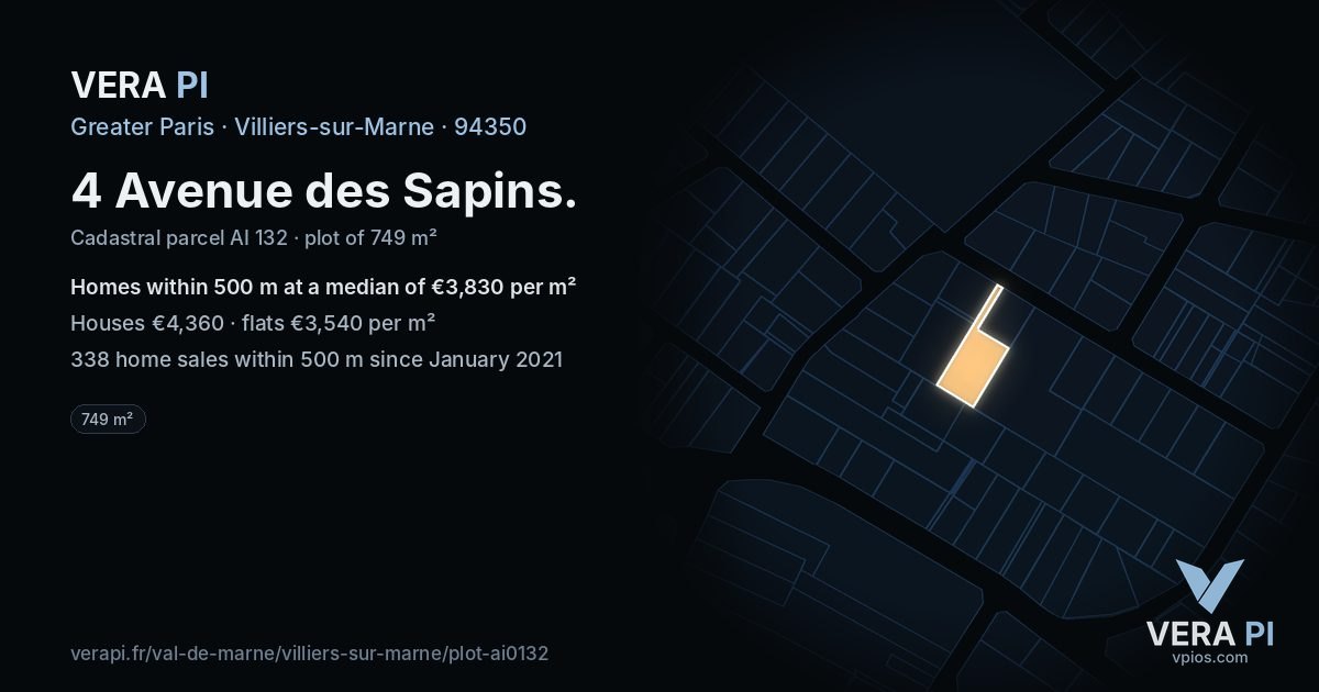 4 Avenue des Sapins, Villiers-sur-Marne at night – the plot lit, the parcels around coloured by the prices near them
