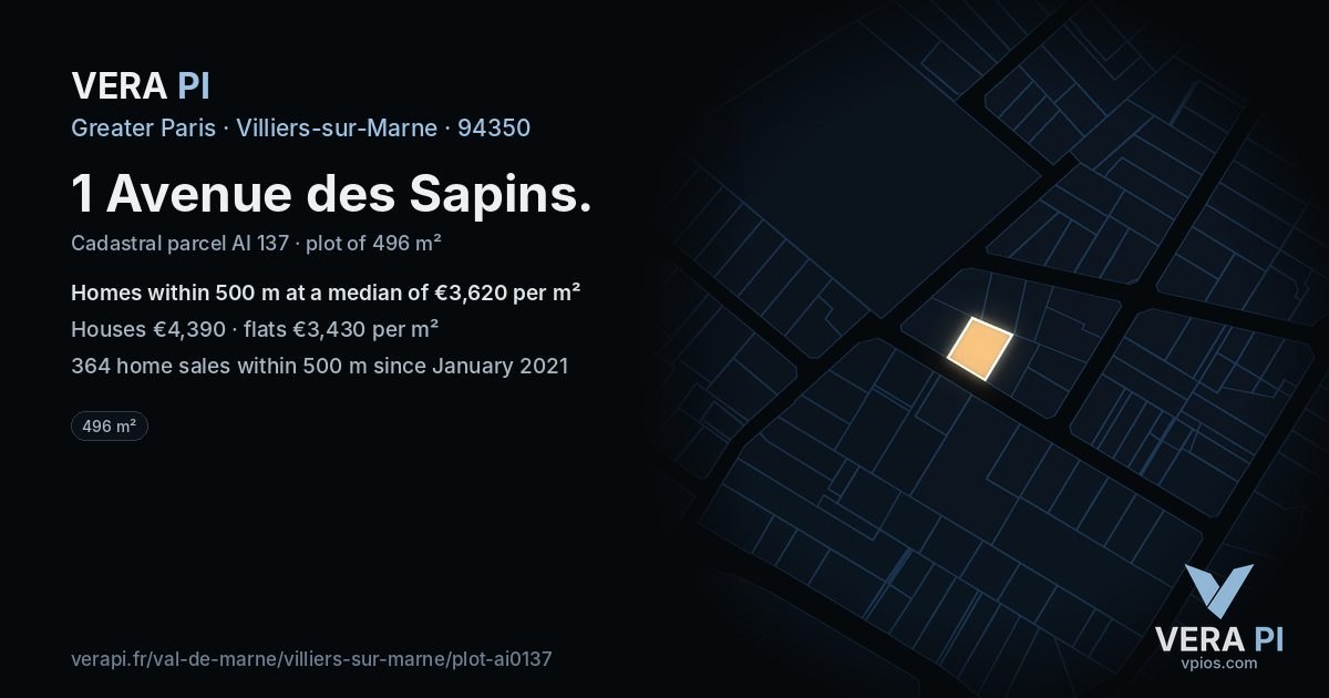 1 Avenue des Sapins, Villiers-sur-Marne at night – the plot lit, the parcels around coloured by the prices near them