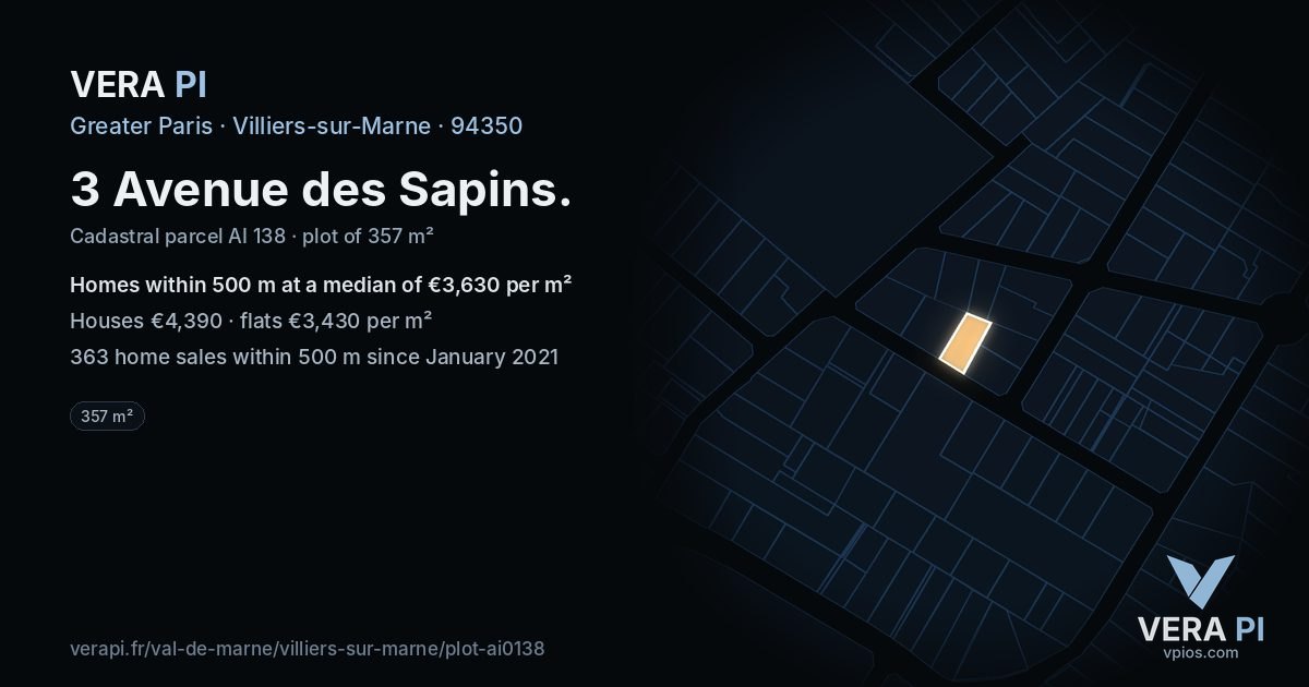 3 Avenue des Sapins, Villiers-sur-Marne at night – the plot lit, the parcels around coloured by the prices near them