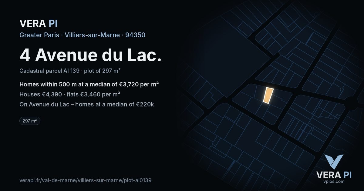 4 Avenue du Lac, Villiers-sur-Marne at night – the plot lit, the parcels around coloured by the prices near them