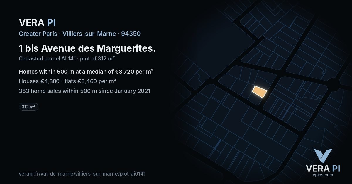 1 bis Avenue des Marguerites, Villiers-sur-Marne at night – the plot lit, the parcels around coloured by the prices near them
